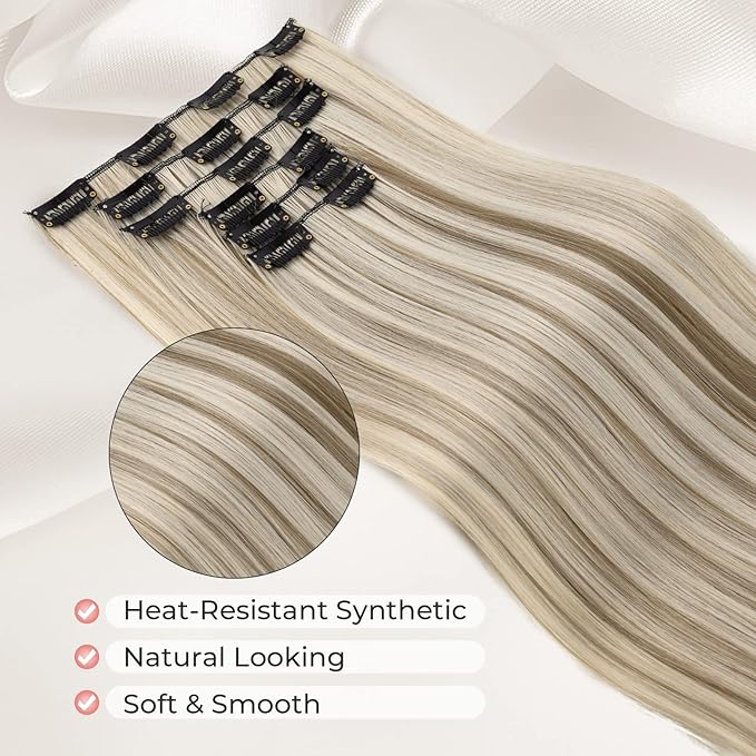 LONAI Clip in hair extensions 6PCS Straight 24" Hair Extensions for Women，Heat Resistant Synthetic Hairpiece-Ash Brown with Blonde Highlights
