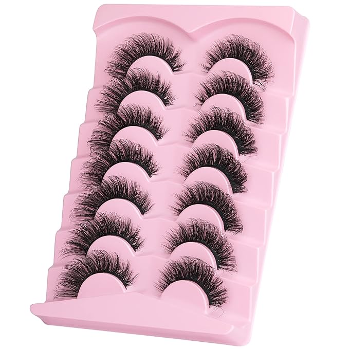 JIMIRE Faux Mink Lashes Fluffy Cat Eye Natural False Eyelashes Volume Wispy Fox Eye Crossed 17MM Thick Fake Lashes Look Like Eyelash Extensions Pestañas 7 Pairs Pack