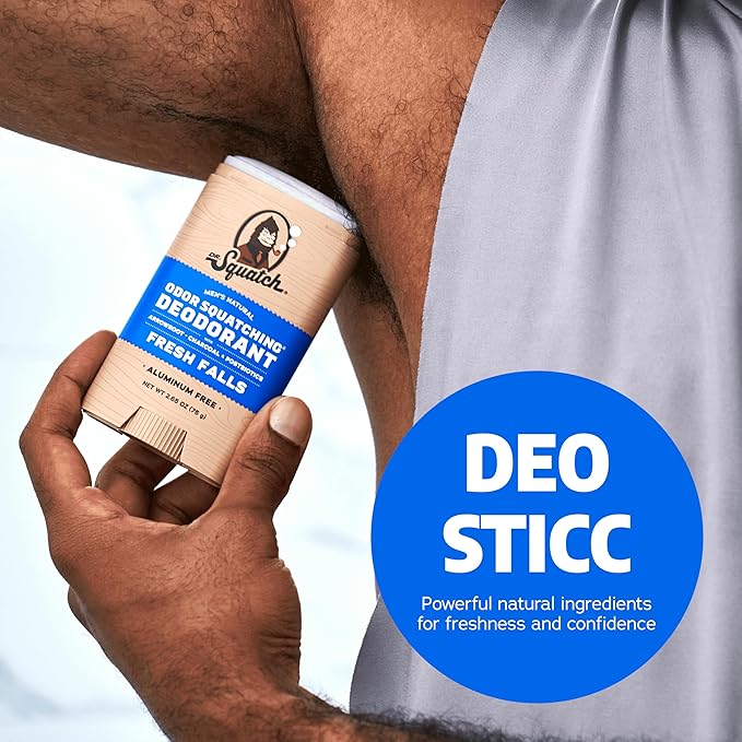 Dr. Squatch Natural Men’s Deodorant – Aluminum Free Natural Deodorant Men with Charcoal & Postbiotics for 72-Hour Odor Protection – Fresh Falls, 2.65oz Stick (3-Pack)