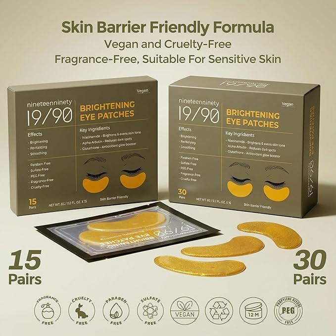 19/90 Under Eye Patches for Dark Circles & Puffiness – Hydrogel Eye Masks with Caffeine, Niacinamide & Collagen – Helps Reduce the Look of Bags & Fine Lines, Gold, (15 Pairs)