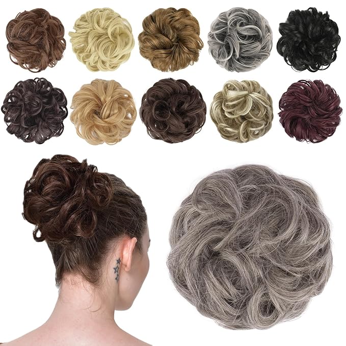 FESHFEN Messy Bun Hair Piece - Wavy Synthetic Chignon Scrunchies for Instant Volume, Elastic Bun Ponytail Hair Extensions Thick Hairpieces for Women, Salt and Pepper 1.50 oz