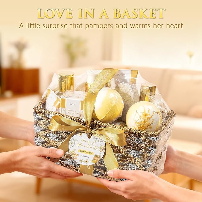 Birthday Gifts for Women, Honey & Almond Milk Relaxing Spa Gift Baskets for Women Self Care Package Bath Gift Set, Home Bath and Body Kit Pamper Valentines Day Gifts for Her Womens Mom Friends Sister