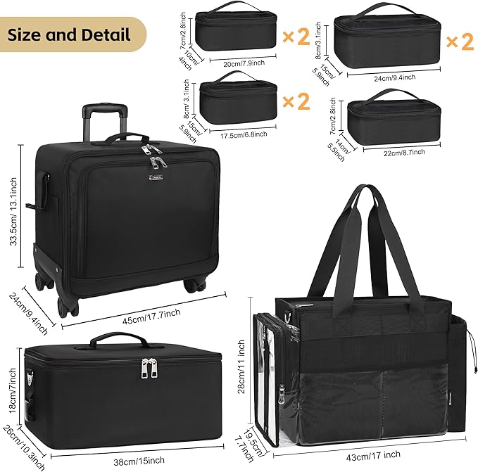 TANTO Rolling Makeup Bag, Cosmetology Case on Wheels Travel Makeup Tote Bag Pro Makeup Artist Bags 3 in 1 Extra Large Cosmetics Organizer Case with 360° Swivel Wheels and Adjustable Dividers