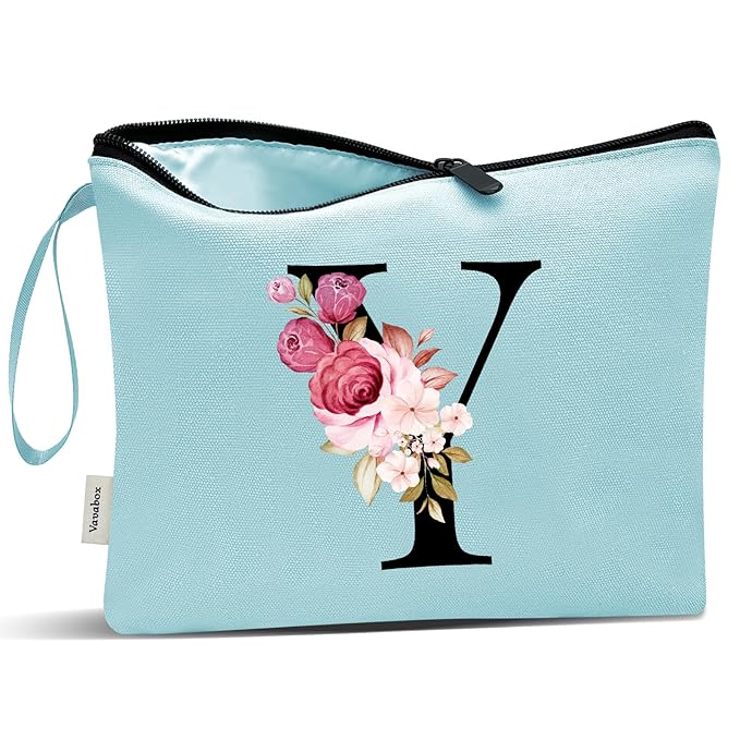 Vavabox A-Z Personalized Makeup Bag, Birthday Gifts for Women Mom, Gifts for Best Friend, Bride Bridesmaid Cosmetic bag (Y, Green)