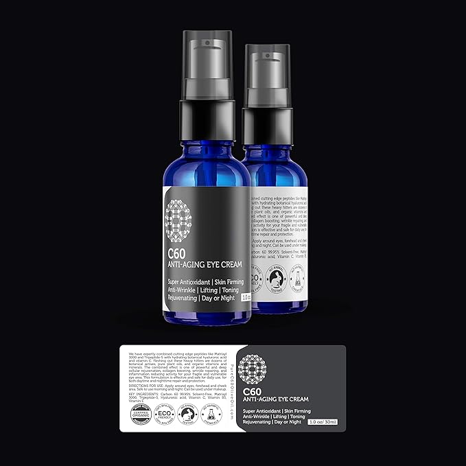PureC60OliveOil.com C60 Anti-Aging Eye Cream 30ml with Matrixyl 3000, Tripeptide-5, Hydrating Botanical Hyaluronic Acid and Vitamin C for Men & Women Made with Organic Ingredients