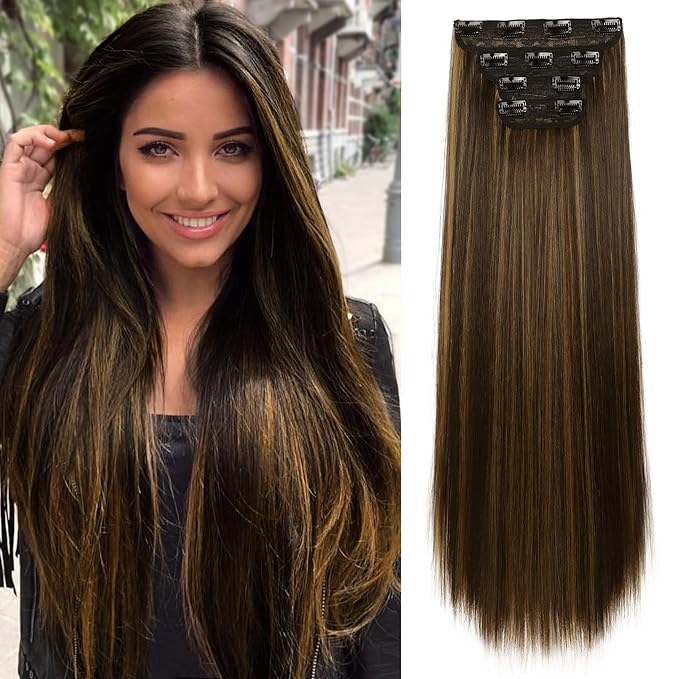 REECHO 28" Straight Long 4 PCS Set Thick Clip in on Hair Extensions -Dark Brown with Highlights
