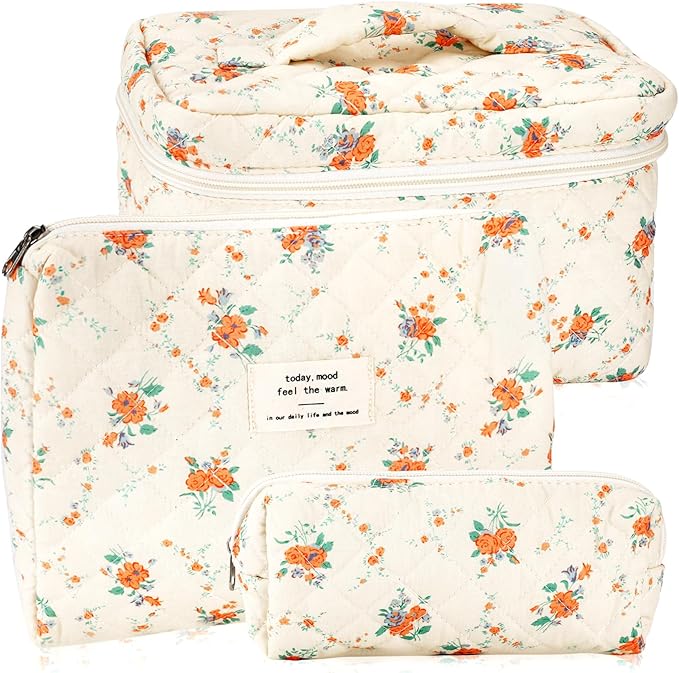 URSKYTOUS 3Pcs Cotton Quilted Makeup Bag for Women Girls Large Small Travel Floral Cosmetic Bags Set Cute Coquette Zipper Makeup Pouch for Purse Aesthetic Cloth Flower Storage Toiletry Bag Organizer