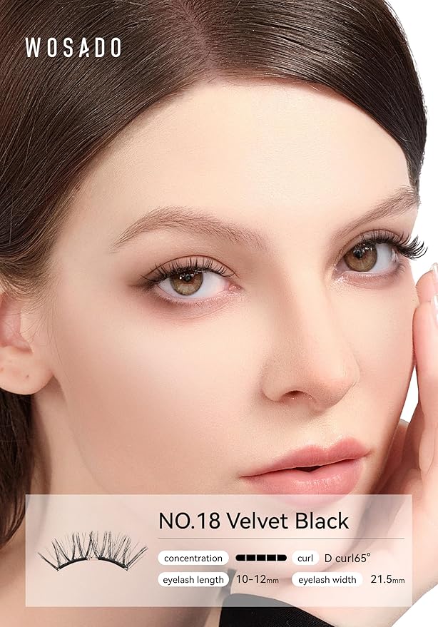 WOSADO Magnetic Eyelashes with Applicator Kit, [V18 Velvet Black] Reusable Magnetic Lashes without Eyeliner, Glue-free False Lashes, Waterproof, Lightweight, Suit for Natural Makeup
