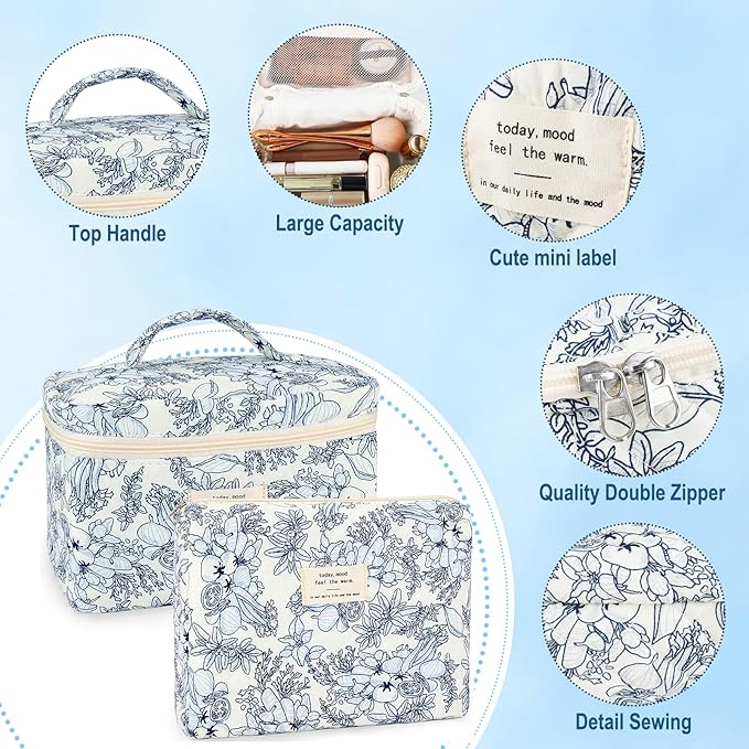 URSKYTOUS 2Pcs Cotton Quilted Makeup Bag for Women Girls Floral Travel Large Small Cosmetic Bag Set Cute Vintage Flower Makeup Pouch Portable Toiletry Bag Organizer Coquette Aesthetic Makeup Brush Bag