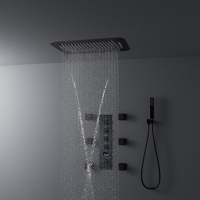 AYIVG Oil Rubbed Bronze Thermostatic Rainfall Full Body Shower System With 2 In 1 Waterfall Rainfall Ceiling Mount 16 X 24 Inch Rain Shower Head 6 Jets Temperature Display Shower Faucet Set