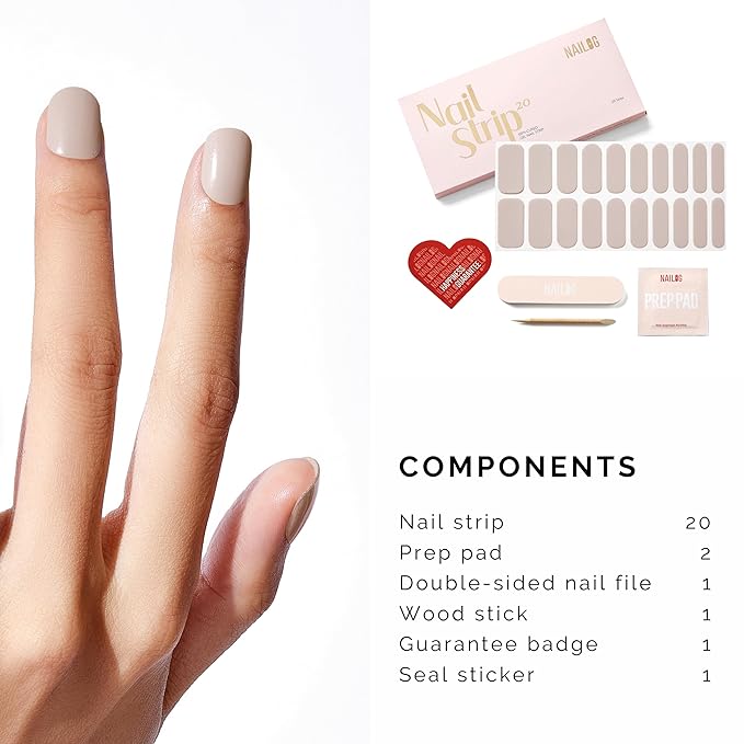 NAILOG Semi Cured Gel Strips - 20 Pcs Nail Stickers | Buy 2 Get 1 UV Light | Extra Long Wraps With Glossy Gel Finishing Light Gray, Dove