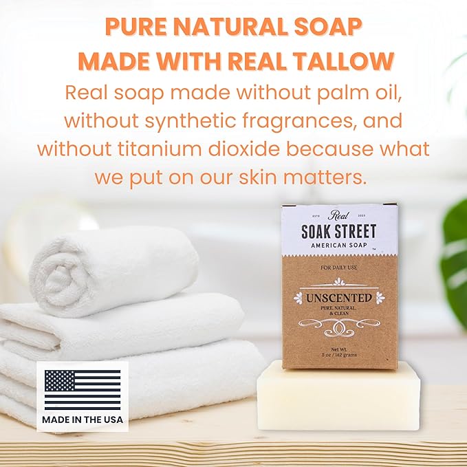 Soak Street Real American Soap (Variety Bundle, 3 Pack) – Natural Bar Soap Made with Grass-Fed Tallow, Conditioning Lard, & Pure Coconut Oil – Unscented, Charcoal & Tea Tree Oil, & Lavender Goat Milk