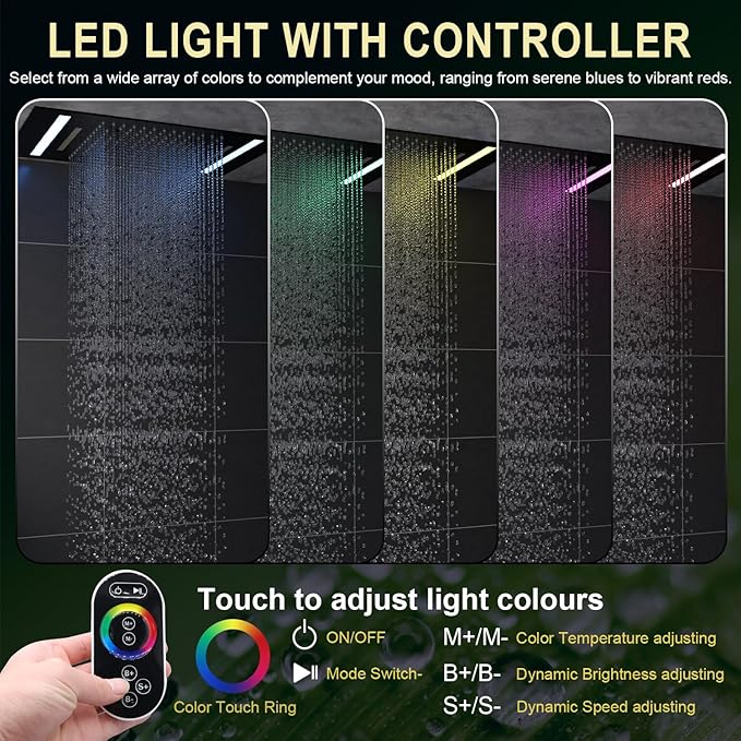 HOMEDEC 14x20" Full Body LED Shower Head, Multi-Function High-Pressure Rainfall Mist Waterfall, 3 Functions Can Be Used Together or Separately, Black