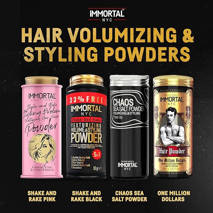 Immortal NYC 5-in-1 Shake and Rake Volume & Styling Powder - Flex Strong Hold - Mattifying All Natural, Unscented Hair Powder for Men - No Residue, All Hair Types