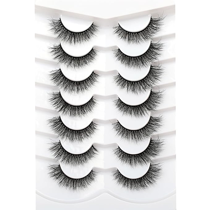 Pooplunch False Eyelashes Strips Cat Eye Wispy Lash Natural Fluffy Short Volume Faux Mink Fake Eye Lashes 7 Pairs Pack