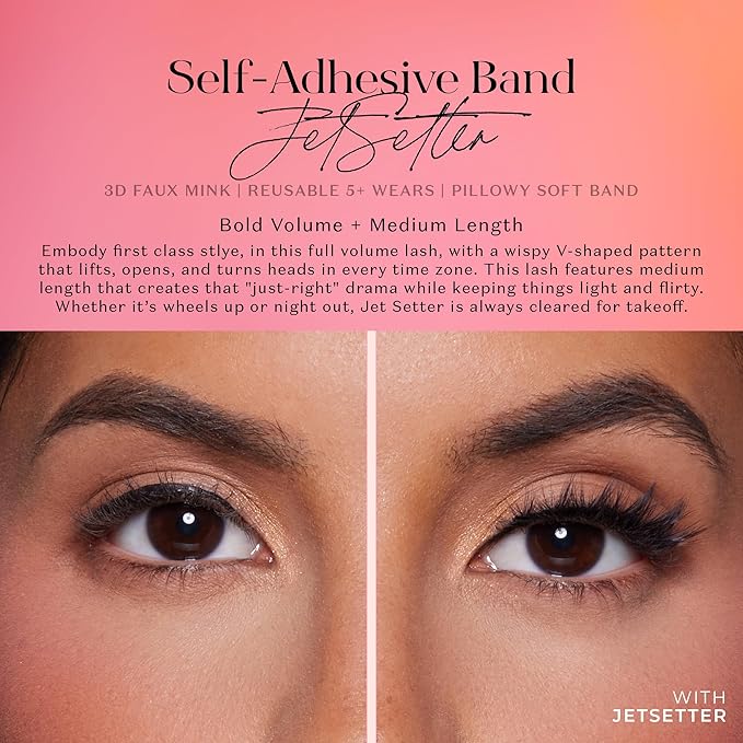 Lilly Lashes 3D Self Adhesive Eyelashes, No Lash Glue Needed, Body Heat Activated Press on Lashes, Reusable Self Adhesive Eyelashes Up to 5x, Easy to Apply & Remove (JetSetter)