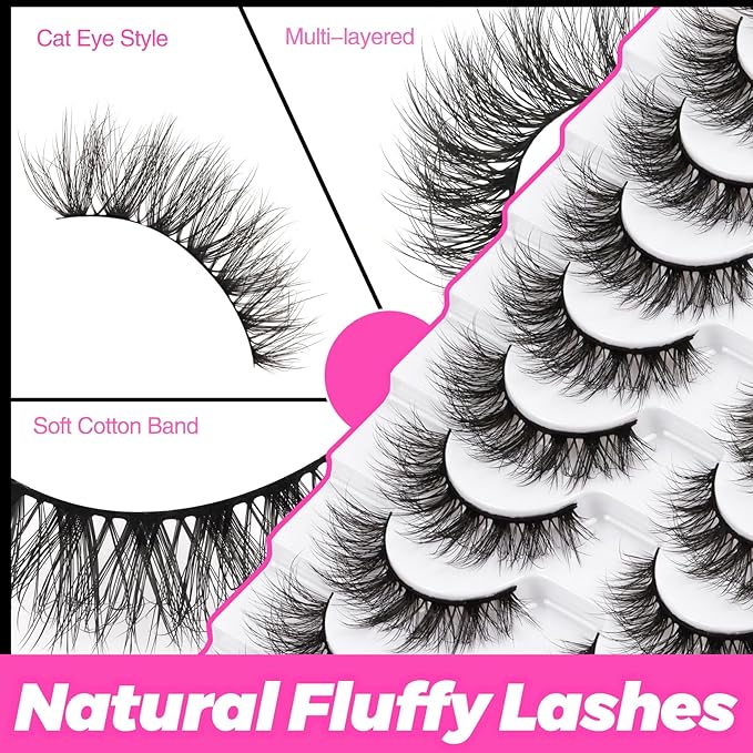 Veleasha Wispy False Eyelashes Cat Eye Lashes 3D Natural False Lashes C Curl Fake Eyelshes 100% Handmade Lash Strips Lightweight Fake Lashes Natural Look 10 Pairs Pack (Reverie)
