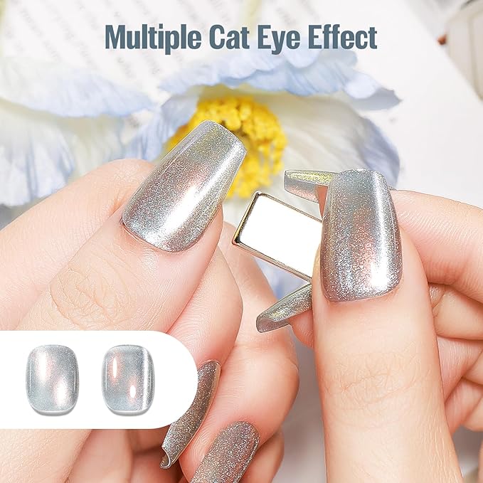 Cat Eye Nail Polish 15ml Holography Silver, Fast Dry Nail Polish with Magnet Regular Cateye Air Dry Oil-Base Glossy Magnetic Nails Polish Non Gel for Home Salon