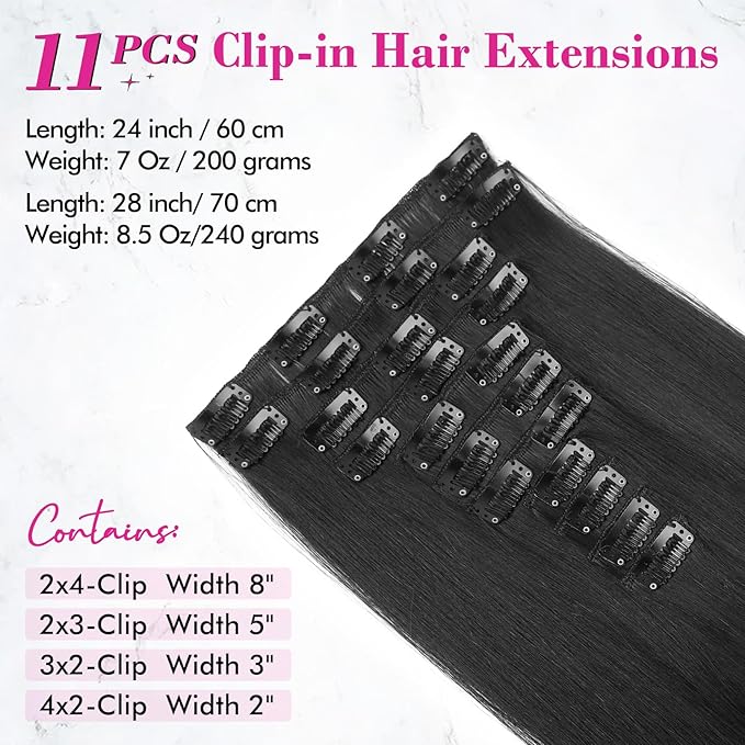 REECHO Hair Extensions, 11PCS Clip in Hair Extensions 28" Long Straight hair extensions HE005 Natural Soft Synthetic Hairpieces for Women Black