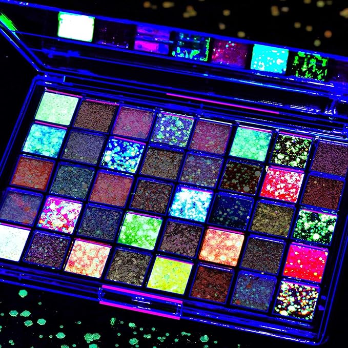FANDAMEI 40 Colors Face Glitter, 18 Colors Glow in The Dark Glitter&22 Colors Vibrant in Daylight, Body Glitter Hair Glitter Face Glitter for Kids Women for Halloween Rave Festival Party Makeup