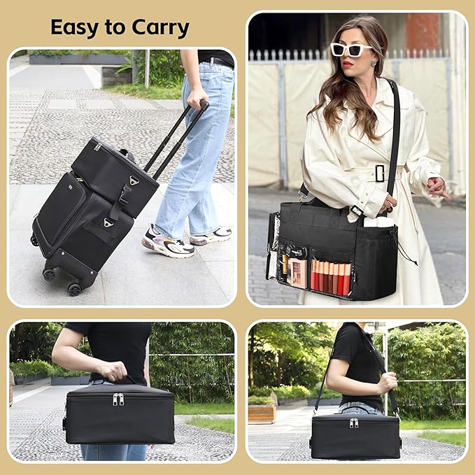 TANTO Rolling Makeup Bag, Cosmetology Case on Wheels Travel Makeup Tote Bag Pro Makeup Artist Bags 3 in 1 Extra Large Cosmetics Organizer Case with 360° Swivel Wheels and Adjustable Dividers