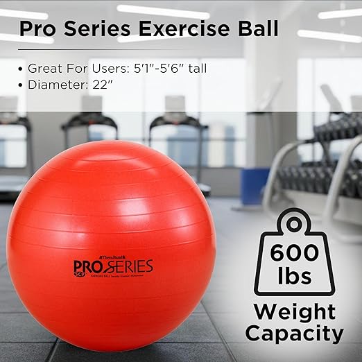 TheraBand - 23025 Exercise Ball, Professional Series Stability Ball with 55 cm Diameter for Athletes 5'1" to 5'6" Tall, Slow Deflate Fitness Ball for Improved Posture, Balance, Yoga, Pilates, Core, Red