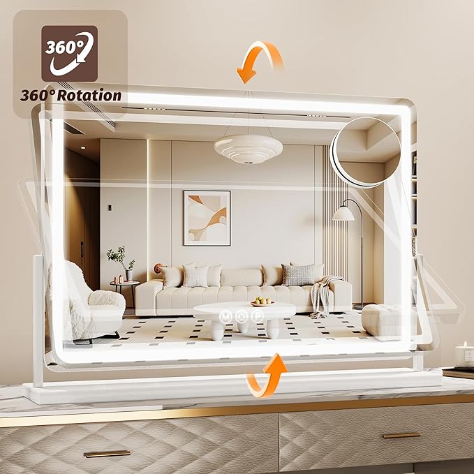 Vanity Mirror with Lights, 33"x23" Hollywood Lighted Makeup Mirror for Tabletop & Bedroom 3 Color Lighting Modes Smart Touch Control 360° Rotation Detachable