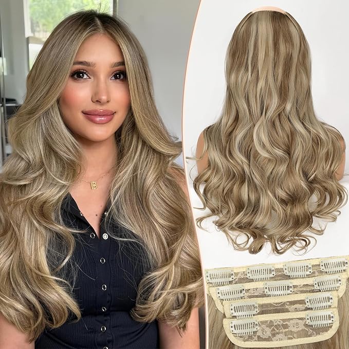 Kookastyle Clip in Hair Extensions, Natural Long Layered Soft Invisible Synthetic Curly Wavy Hairpieces for Women,4 pcs(20 Inch，Ash Blonde Balayage)