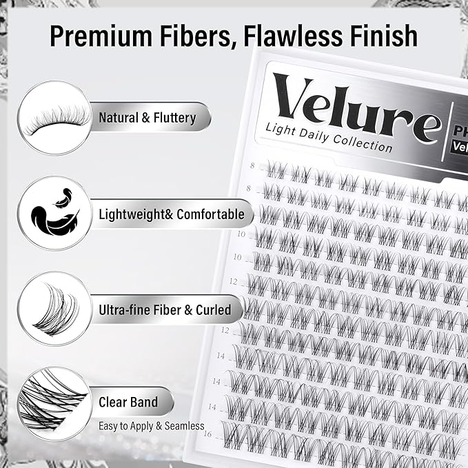 Velure Lash Clusters Natural Cluster Eyelash Extensions Wispy Individual Lashes Clusters DIY Ultra-Light Lash Extensions Soft C Curly Eye Lashes with Invisible Thin Band, 8-16mm, 120Pcs