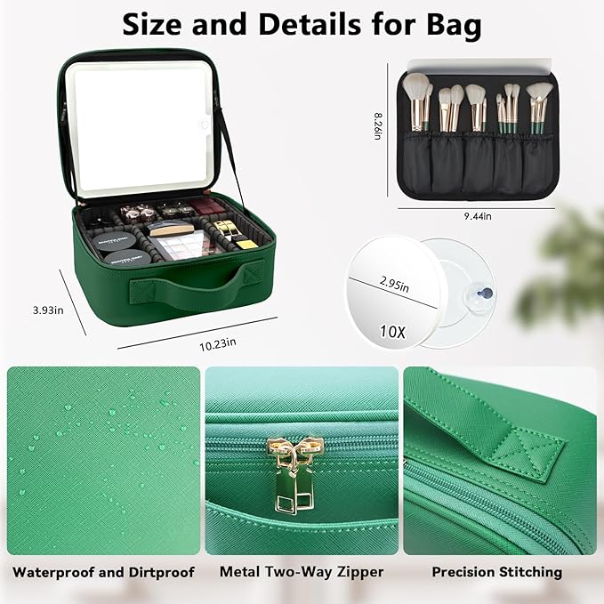 SLUMAZI Travel Makeup Bag with LED Mirror and 10x magnifying glass with 3 Lighted Settings, Adjustable Dividers and Makeup Brush Storage Bag Dark Green