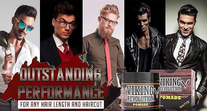 Viking Revolution Hair Pomade for Men (New Formula) - Medium Hold and Matte Shine Free for Classic Look 4oz - Water Based & Easy to Wash Out