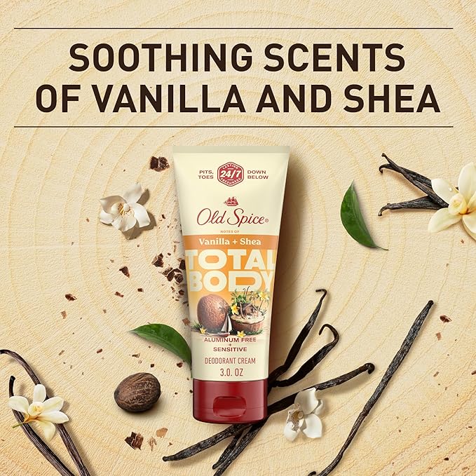 Old Spice Whole Body Deodorant Cream for Men, Aluminum Free, Vanilla + Shea Scent, 24/7 Odor Protection, 24/7 Lasting Freshness, Dermatologist Tested, Gentle on Skin, Safe to Use All Over, 3.0 oz