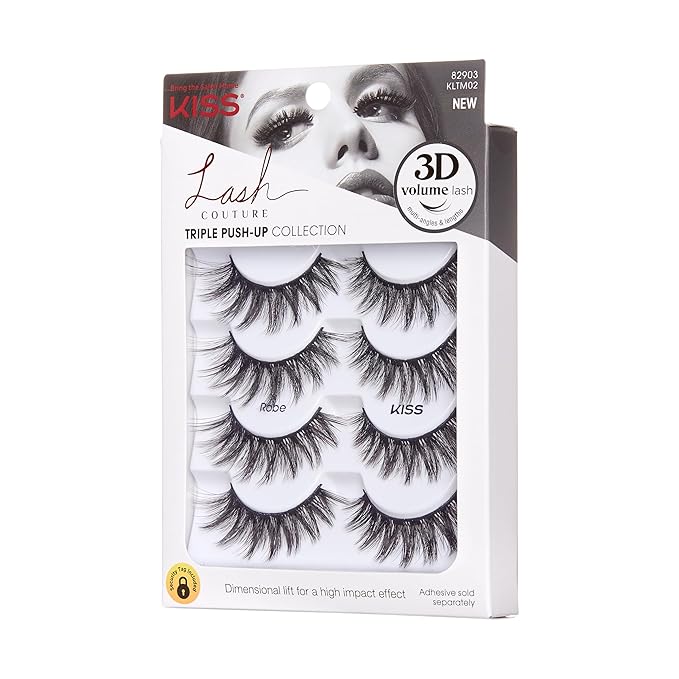 KISS Triple Push-Up, False Eyelashes, 'Robe', 12mm, Includes 4 Pairs Of Lashes, Easy to Apply, Reusable Lash Clusters