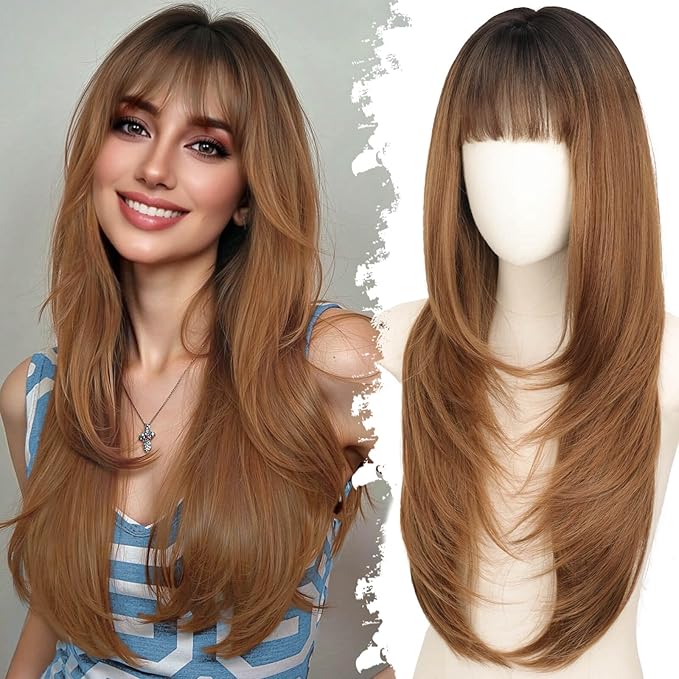 Long Light Brown Wig with Bangs for Women- Dark Root to Brown,4x4 Realistic Scalp,Free Parting,Layered Hairstyle Synthetic Heat Resistant for Daily Party Use 26 inch