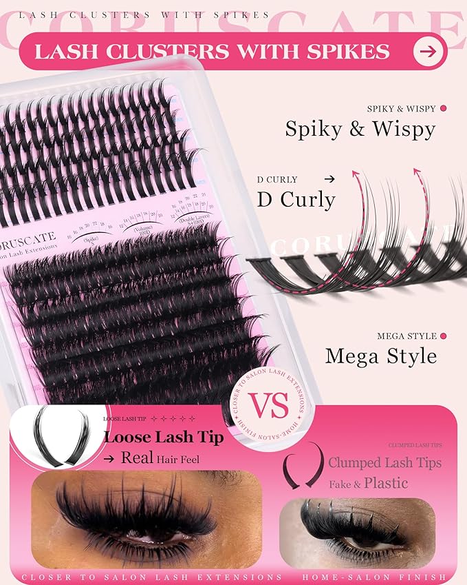 CORUSCATE Lash Clusters with Spikes Cluster Eyelash Extensions 100D Professional Lash Extension Spike Lashes Long 12-24mm Eyelash Clusters Mega Style Individual Lashes Strip Mink Dramatic DIY Eyelash
