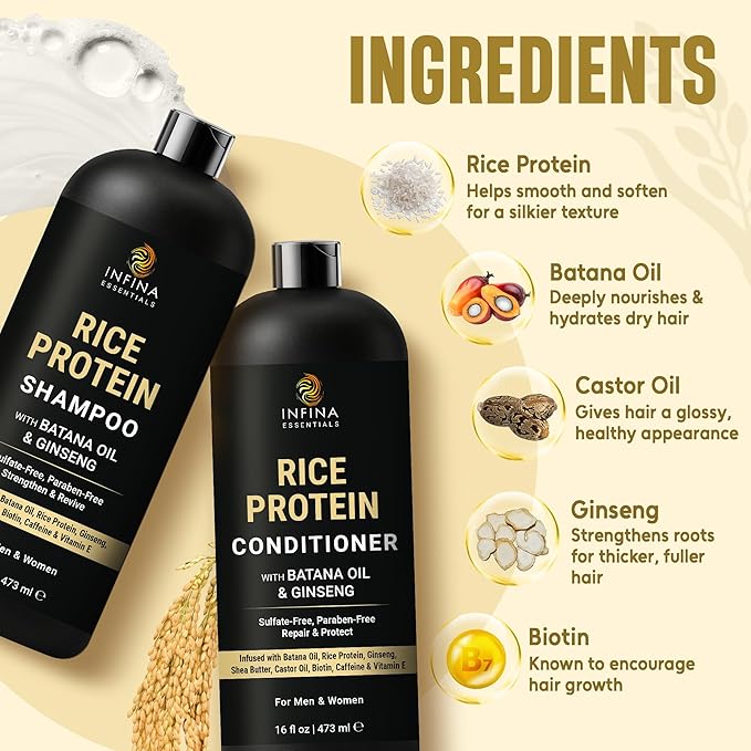 INFINA ESSENTIALS Rice Protein Shampoo and Conditioner Set | 16 fl oz Each | with Batana Oil & Ginseng | Strengthening, Thickening & Clarifying Formula | Supports Hair Growth & Repair