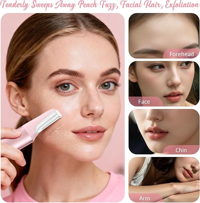 Sonic Dermaplane Razor for Women Face Beauty Eyebrow Trimmer, Exfoliation & Peach Fuzz Facial Hair Removal for Women, Electric Face Razors Shaver Epilator Anti-Aging 3 Speeds & 10 Refill Blades, Pink
