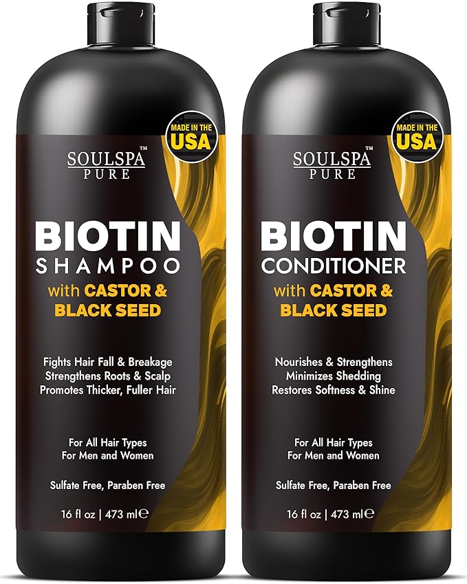 Biotin Shampoo and Conditioner Set with Castor & Black Seed | Sulfate Free Hair Care System for Thinning and Weak Hair | Nourishing Care for Dry Scalp for Men & Women – 16 fl oz Each | SOULSPA PURE