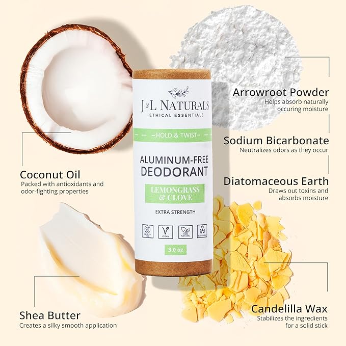 J&L Naturals Aluminum Free Deodorant for Men & Women | 100% Natural Ingredients With Coconut Oil, Shea Butter, & Essential Oils | Sustainable, Eco-Friendly (Lemongrass & Clove, 3.0 Oz (Pack of 4))