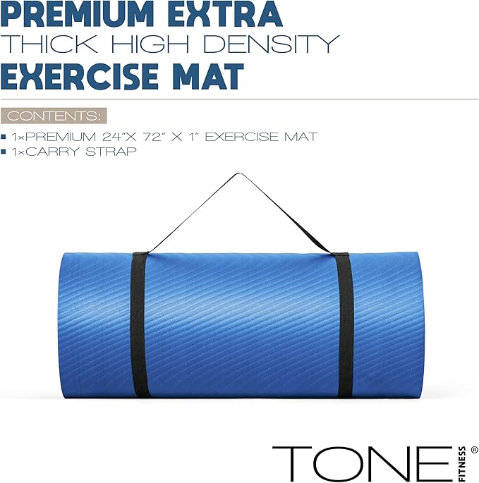 Tone Fitness 1-Inch Thick Yoga Mat | High-Density, Non-slip Exercise Mat with Carrying Strap for Yoga, Pilates, & Home Gym Workouts | Multiple Options