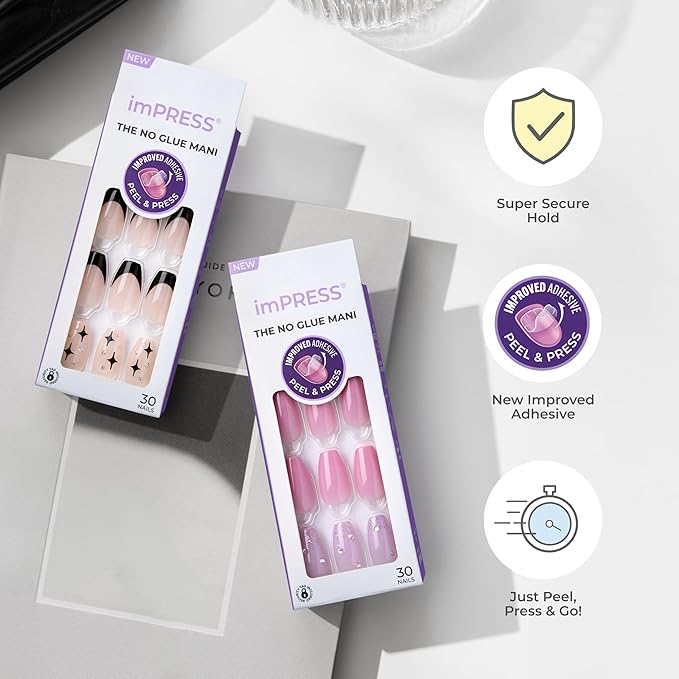 KISS imPRESS No Glue Mani Press-On Nails, Design, 'As It Was', Neutral/green, Medium Size, Almond Shape, Includes 30 Nails, Prep Pad, Instructions Sheet, 1 Manicure Stick, 1 Mini File