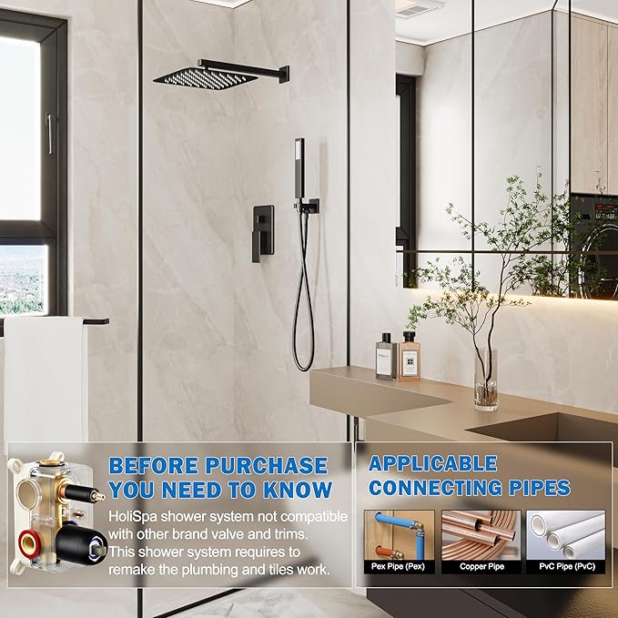 HoliSpa Shower System, Black Shower Faucet Set with 12-Inch Rain Showerhead and Handheld Spray, Wall Mounted High-Pressure Showerhead Combo Set Included Valve and Trim, Matte Black