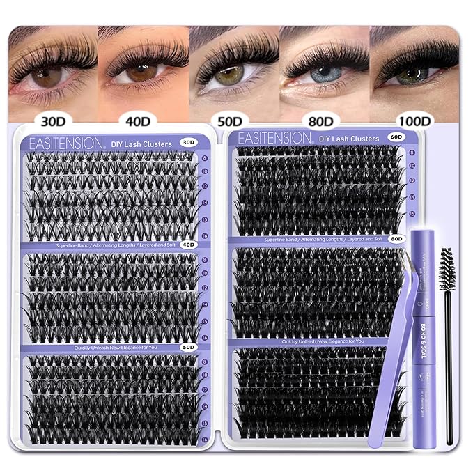 DIY Lash Clusters Kit 30-100D Volume Eyelash Extension Kit 8-16mm Thick Individual Lashes 708pcs with Lash Bond and Seal, Lash Tweezers, lash brush,Super Thin Band Eyelashes