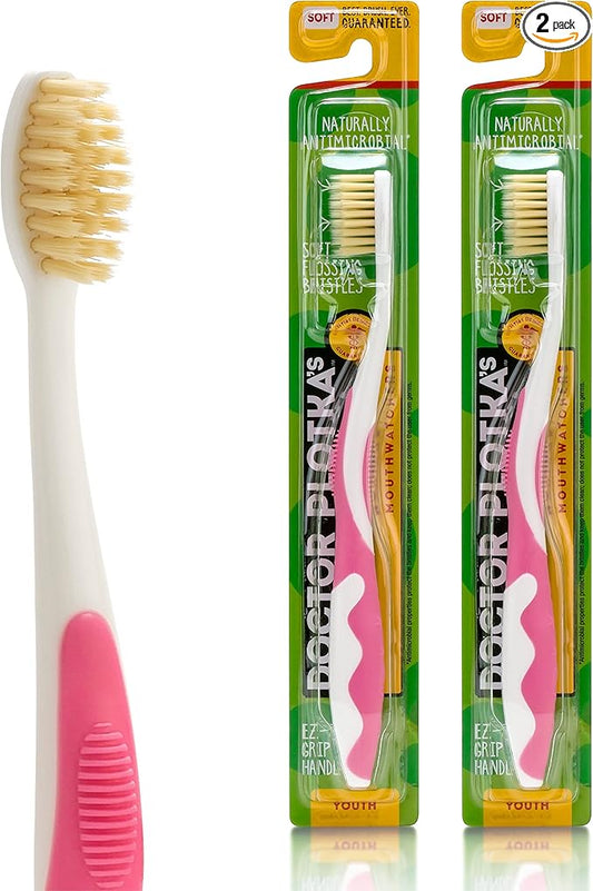 MOUTHWATCHERS Soft Childrens Flossing Manual Toothbrush, Set of 2 Pink Toothbrushes for Kids & Teens, Ultra Clean, by Dr. Plotka's