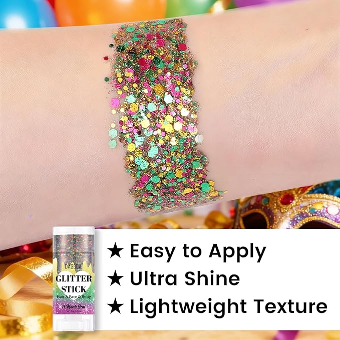 DAGEDA Mardi Gras Gold Body Glitter Stick, Sparkly Face Glitter Makeup, Shimmer Face Paint Stick for Mardi Gras Accessories, Holographic Gold Purple Green Glitters Carnival Outfits for Women