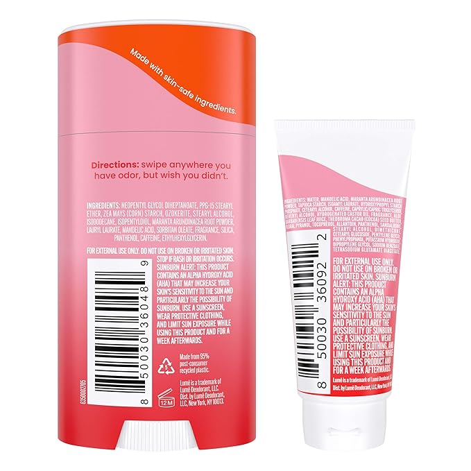Lume Whole Body Deodorant - Invisible Cream Tube Mini + Solid Stick Bundle - 72 Hour Odor Control - Aluminum & Baking Soda Free, Skin Loving (Peony Rose)