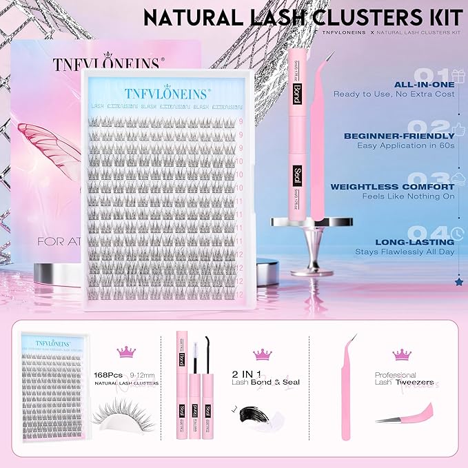 Natural Lash Extension Kit 168Pcs Lash Clusters Kit Wispy Eyelash Extensions 9-12MM Individual Lashes Extensions with Bond and Seal Lash Glue and Eyelash Extension Tweezers DIY at Home by TNFVLONEINS