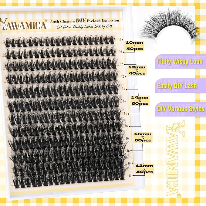 Yawamica Wispy Lash Clusters Natural Cluster Eyelash Extensions Fluttery Eyelash Clusters C Curly Individual Lashes 10-18mm Cluster Lashes Waterproof DIY Lash Extension at Home by Self