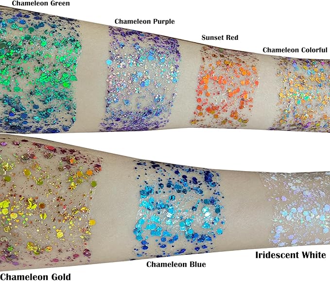 MEICOLY Chameleon Gold Body Glitter,Mardi Gras Outfit for Women,Color Changing Face Glitter,Self-adhesive Chunky Glitter Face Paint,Holographic Glitter for Face Body Hair,Festival Party Costume Makeup
