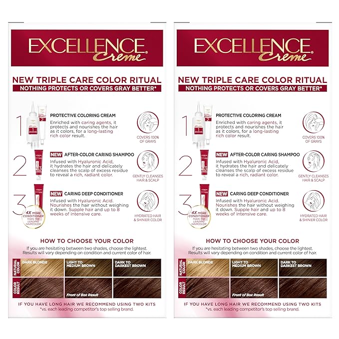 L'Oreal Paris Excellence Crème Permanent Hair Dye, Triple Care Hair Color with Hyaluronic Acid for 100% Gray Coverage, 5AR Medium Maple Brown, 1 Kit (Pack of 2) (Packaging May Vary)